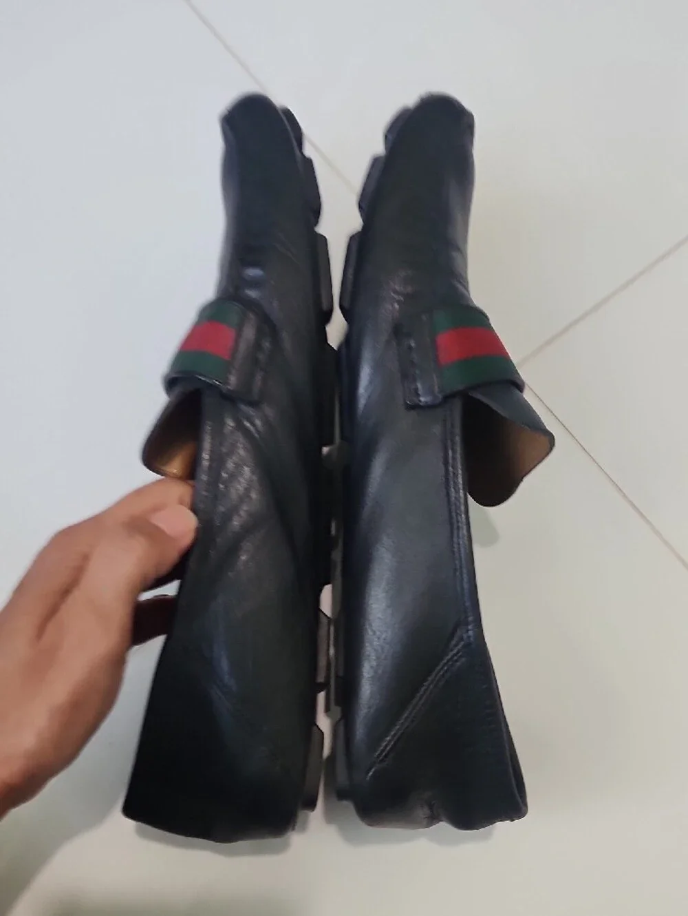 Gucci Black Leather Loafers with Green and Red Web & Gold Double G